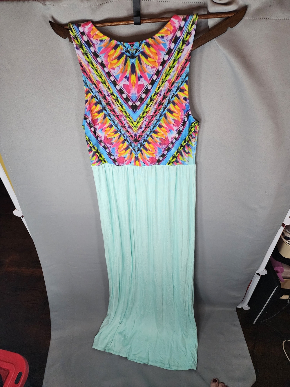 12 Pm By Mon Ami Mint Maxi Dress with Colorful Printed Bodice - Picture 3 of 11
